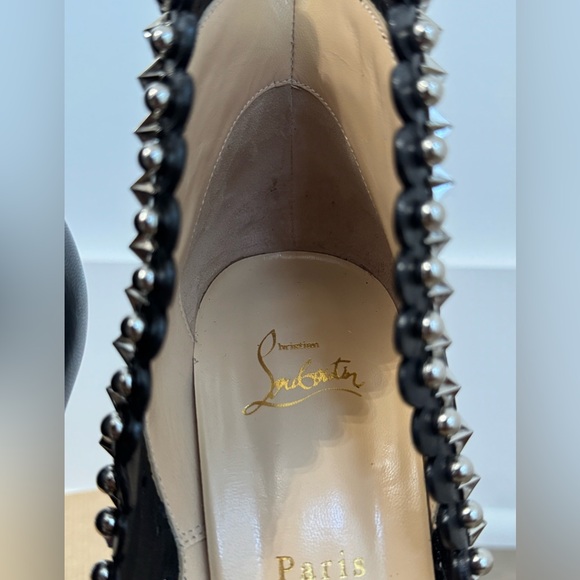 Christian Louboutin Black Studded Peep-Toe Heels - Picture 5 of 7